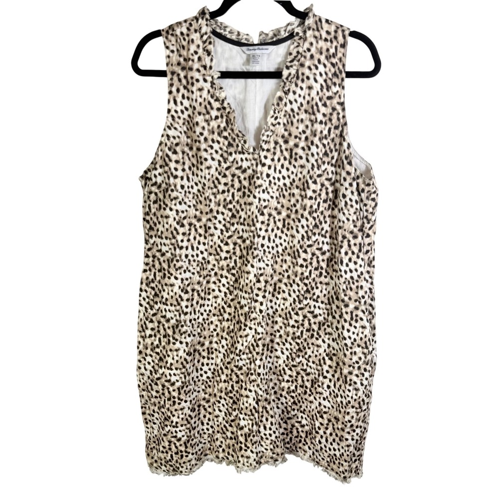 Tommy Bahama Womens XL Linen Leopard Print Ruffle V-Neck Shift Dress Pockets